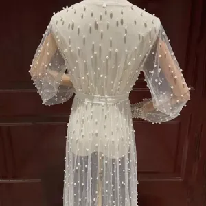 Chemise de nuit longue en résille perlée blanche, robe de mariée sexy pour femmes élégantes