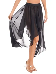 Women Vintage Irregular Chiffon Midi Skirt High Waist Flowy Dance Performance Apparel Solid Color Breathable Summer Skirt Elegant Bottoms