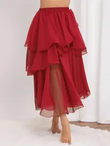 Red tiered ruffled belly dance skirt detail showing layered fabric and graceful split hem design.
