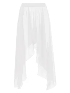White irregular sheer skirt detail showing the lightweight flowy fabric and asymmetrical hemline.