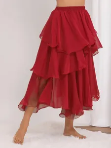 Red layered ruffle dance skirt detail, elegant tiered swing design for performance and casual wear.