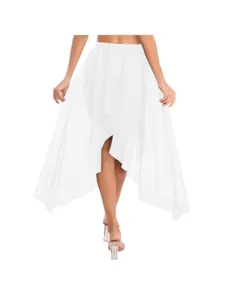 Women's white irregular hem midi skirt for summer dancing practice and daily wear.