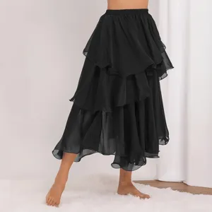 Women's Oriental Belly Dance Skirt Multi-Layer Ruffle Slit Chiffon Big Swing Dancewear Solid Color Elegant Dance Costume