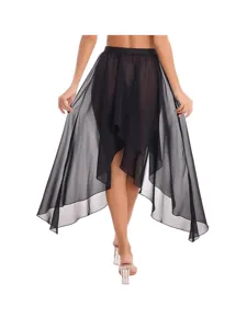 Black high-low irregular dance skirt for women, lightweight sheer mesh practice apparel.