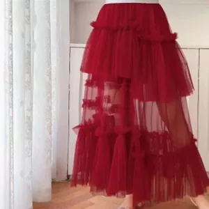 Red tiered mesh midi skirt women irregular tulle layered skirt summer sweet fairy skirt