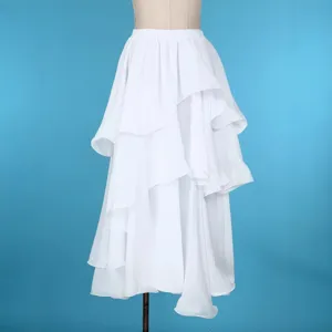 White ruffled maxi skirt for belly dance performance, high waist tiered swing dance skirt