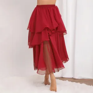 Red asymmetrical layered chiffon belly dance skirt, elegant ruffled slit skirt for women