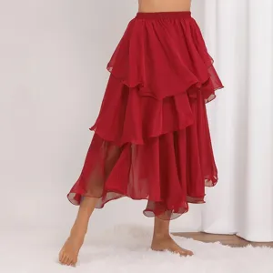 Red layered ruffle maxi skirt for women elegant dance skirt long flowy casual apparel