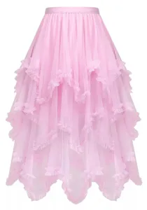 Rosa mehrstufiger Tüll-Midirock mit Rüschen, hoher Taille und voluminösem Schlag.