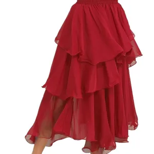 Red tiered ruffle maxi skirt for dance performance, elegant high waist asymmetric flowy skirt.