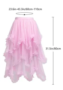 Rosa mehrstufiger Tüllrock Detail mit Taillen- und Längenabmessungen für Feen-Look.