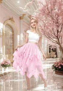 Damen rosa Tüll Rock High Waist gestufter Mesh Midirock wunderschöner Feen Tüllrock