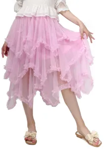 Rosa gestuifter Mesh Midirock mit Wellenkanten, eleganter asymmetrischer Feen-Tüllrock für Damen.