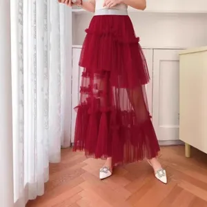 Women Irregular Mesh Patchwork Tiered Skirt Minimalist Solid Color Layered Cake Skirt Fashion Casual Bottoms For Ladies
