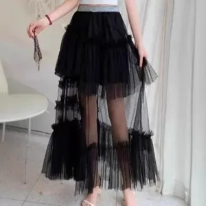 Black mesh tiered skirt women summer irregular layered tutu culottes main view showcase