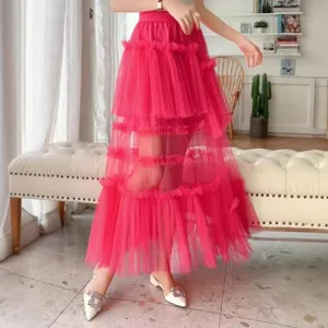 Pink tiered mesh midi skirt for women, elegant layered tulle long skirt summer casual.