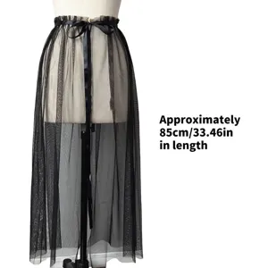 Zwarte mesh transparante halve sliprok hoge taille kanten gedrapeerde lange rok