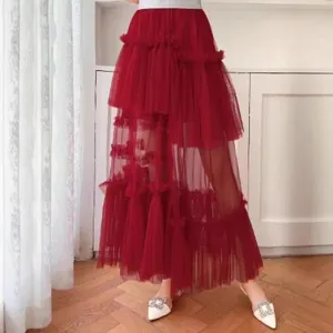 Red mesh tiered maxi skirt women irregular layered cake skirt summer mesh spliced skirt