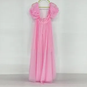 Women Elegant Off-the-Shoulder Mesh Maxi Dress Puff Sleeve Big Swing Tulle Evening Party Gown Wedding Dress Pink Black White Polyester Dresses