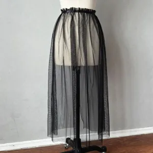 Zwarte transparante mesh midirok met hoge taille en enkele laag vloeiende onderrok