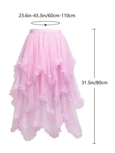 Rosa mehrlagiger Tüll Midirock mit hoher Taille und rüschendem unregelmäßigem Saum.