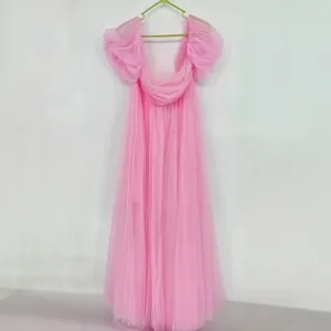 Pink off-shoulder tulle long dress elegant evening wedding gown large swing maxi dress