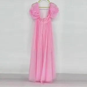 Pink off shoulder mesh long dress elegant puffy sleeve tulle evening party gown maxi dress