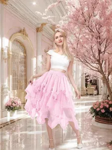 Rosa gestufter Tüll Midi Rock Damen Hochtaille Feen Tüllrock ästhetisches Party Outfit