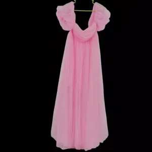 Pink off shoulder tulle maxi dress for women elegant puff sleeve long party evening gown