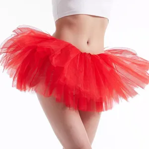 Close up detail view of the vibrant red fluffy mesh tutu skirt, perfect for party and dance.