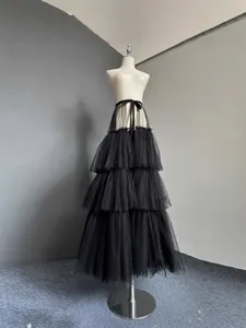 Women's Elegant Long Black Tiered Tulle Skirt Tutu Mesh Dress Main View Front Image