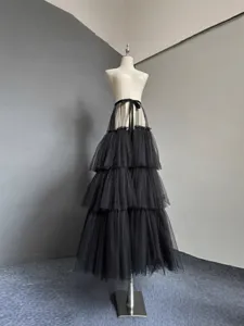 Women black tiered tulle skirt long maxi mesh party ball gown tutu skirt for adults