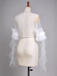 Elegant white bridal tulle sleeves sheer shrug wedding accessory with floral and ruffle details.