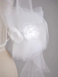 White tulle wedding dress sleeve accessory featuring delicate floral appliques main view