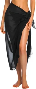 Women's black chiffon beach sarong cover-up wrap skirt for summer swimwear and vacation wear.
