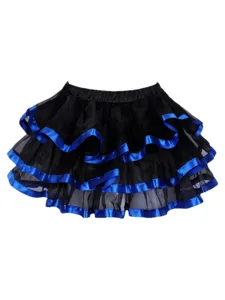 Jupe tutu noire à volants avec ruban satiné bleu, jupon multicouche pour fête et costume.