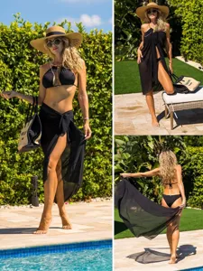 Women black bikini set with sheer chiffon beach cover up sarong for summer vacation resort wear.