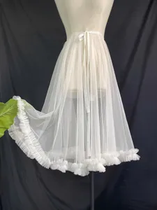 Women Elegant High Waist Mesh Midi Skirt Ruffle Hem Solid Color Big Swing Tulle Skirt For Daily Party Retro Fairy Style Bottom