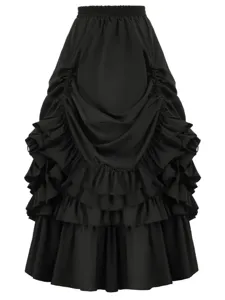 Women's Gothic Victorian Vintage Layered Ruffle Skirt Renaissance Steampunk High Waist Ruched Midi Tiered A-Line Skirt