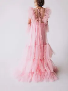 Dames Diepe V-hals Zwangerschapsjurk Mesh Sexy Sheer Lange Ruffle Fotografie Jurk Elegante Roze Witte Formele Feestjurk