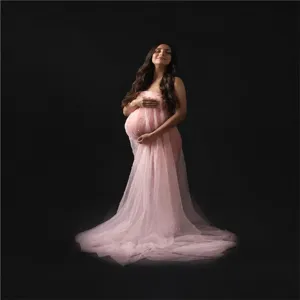 Robe de Maternité Élégante pour Photographie Avec Perles Maille Tulle Col Bateau Longue Robe Maxi Pour Femmes Enceintes Séance Photo Studio Vêtements
