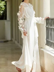 French Style Sexy Satin Nightgown For Women Wedding Long Bridal Robe V-Neck Mesh 3D Flower Dress Summer Spring Sleepwear