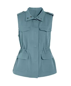 Blue-grey utility vest for women, sleeveless button-up jacket with multi-pockets and drawstring waist.