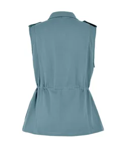 Women's solid color utility vest casual sleeveless workwear jacket with drawstring waist.