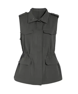 Detail view of a dark grey utility vest featuring multi-pockets, lapel collar, and drawstring.