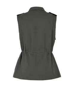 Dark grey utility vest detail showcasing the back view with drawstring waist and lapel collar.