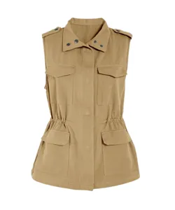 Khaki cargo vest detail, sleeveless utility design, lapel collar, multi-pocket, drawstring waist.