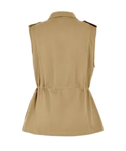 Solid color utility vest with drawstring waist, lapel collar and sleeveless back view detail.