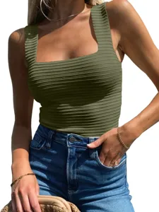 Solid color square neck ribbed knit crop tank top, stylish slim fit sleeveless top for women.