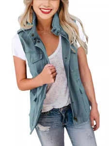 Women fashion solid color utility cargo vest sleeveless zip up lapel jacket outerwear